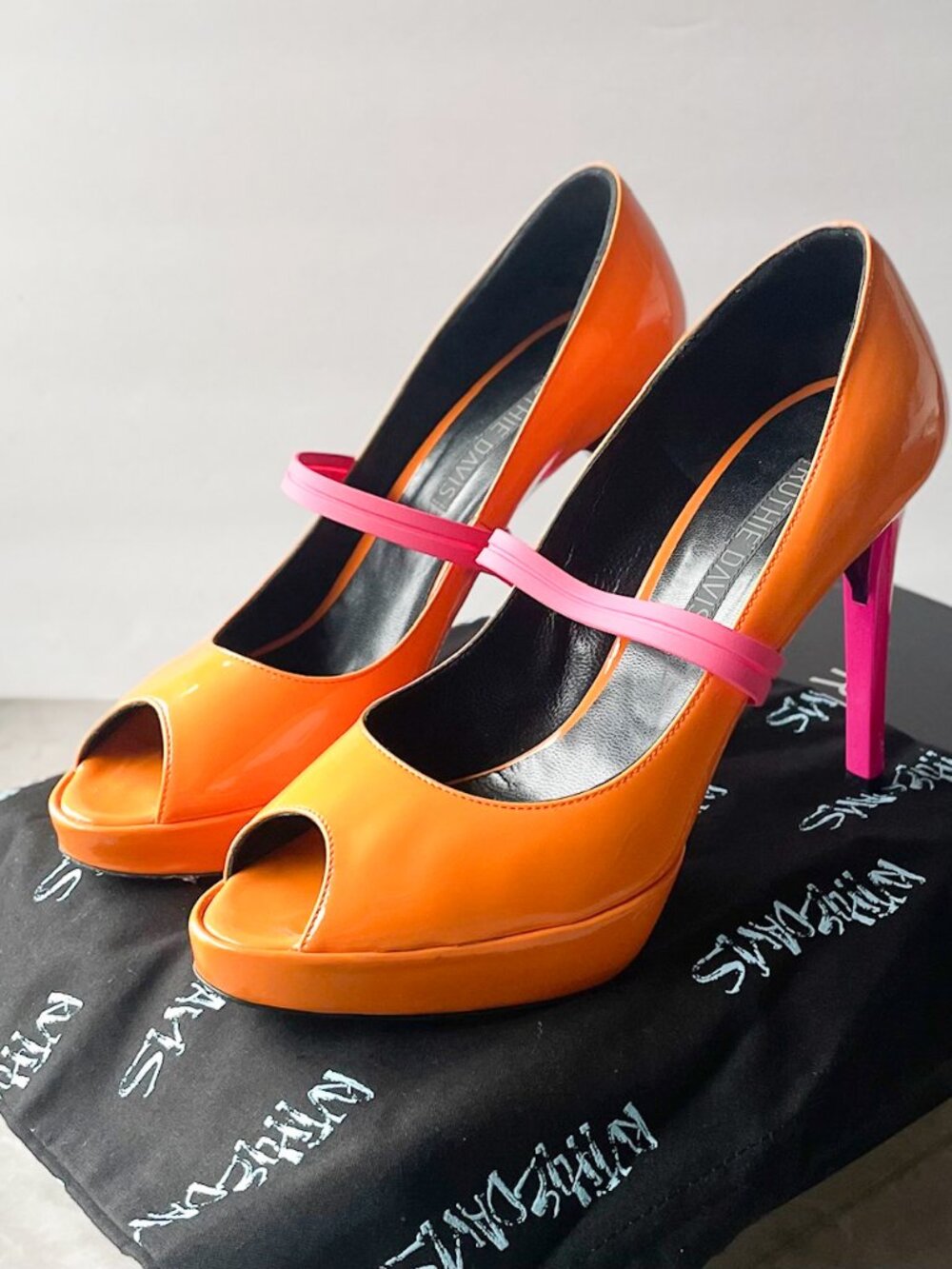 Ruthie Davis Edamame Peep-Toe Platform Pumps Patent Orange/Pink 38.5